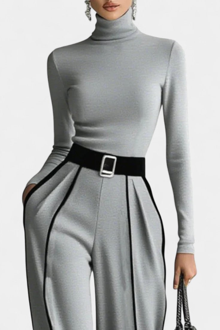 Kirralee Ensemble à Col Montant Contrasté et Pantalon à Jambes Larges