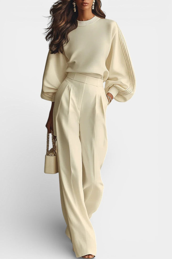 Almeda Ensemble en Coton Romain à Col Roulé et Pantalon Large Taille Haute Ivoire
