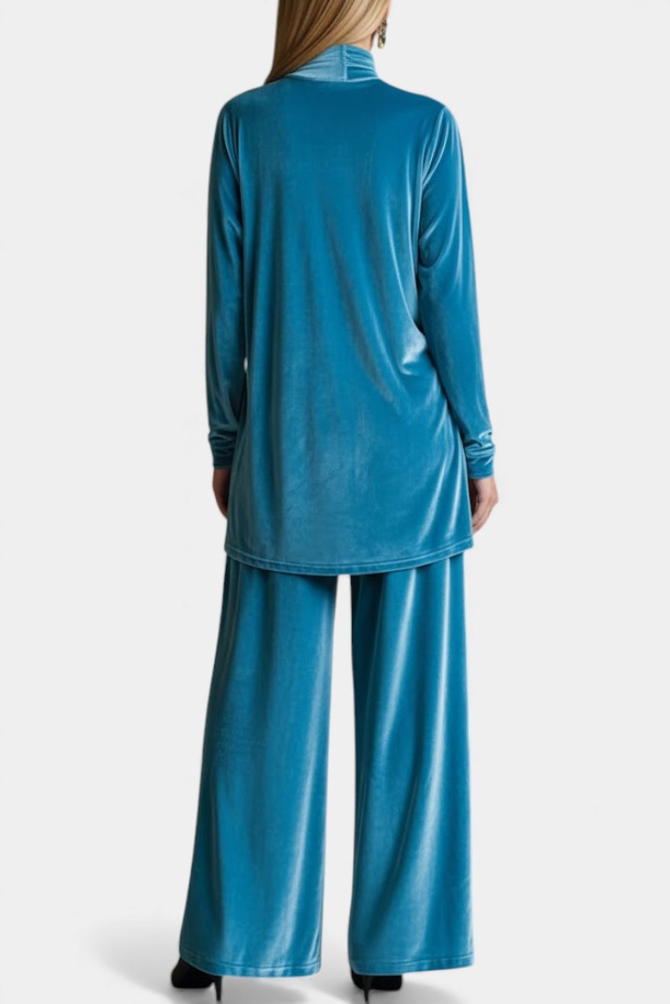 Tifenn Ensemble Haut et Pantalon Fendu en Velours à Col Montant