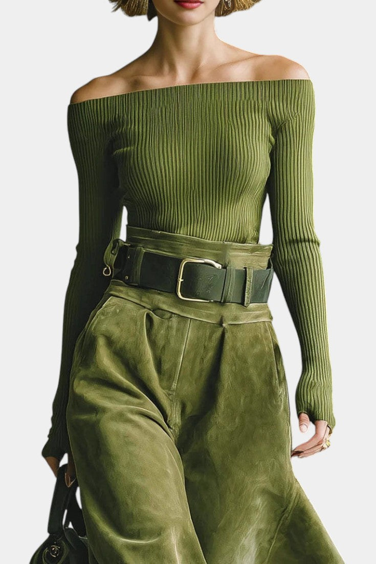 Atala Ensemble Top Épaules Dénudées Olive & Jupe Midi en Suédine