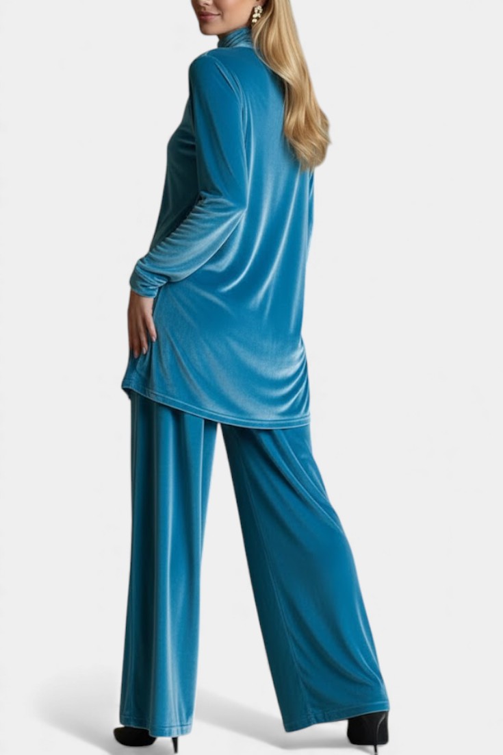 Tifenn Ensemble Haut et Pantalon Fendu en Velours à Col Montant