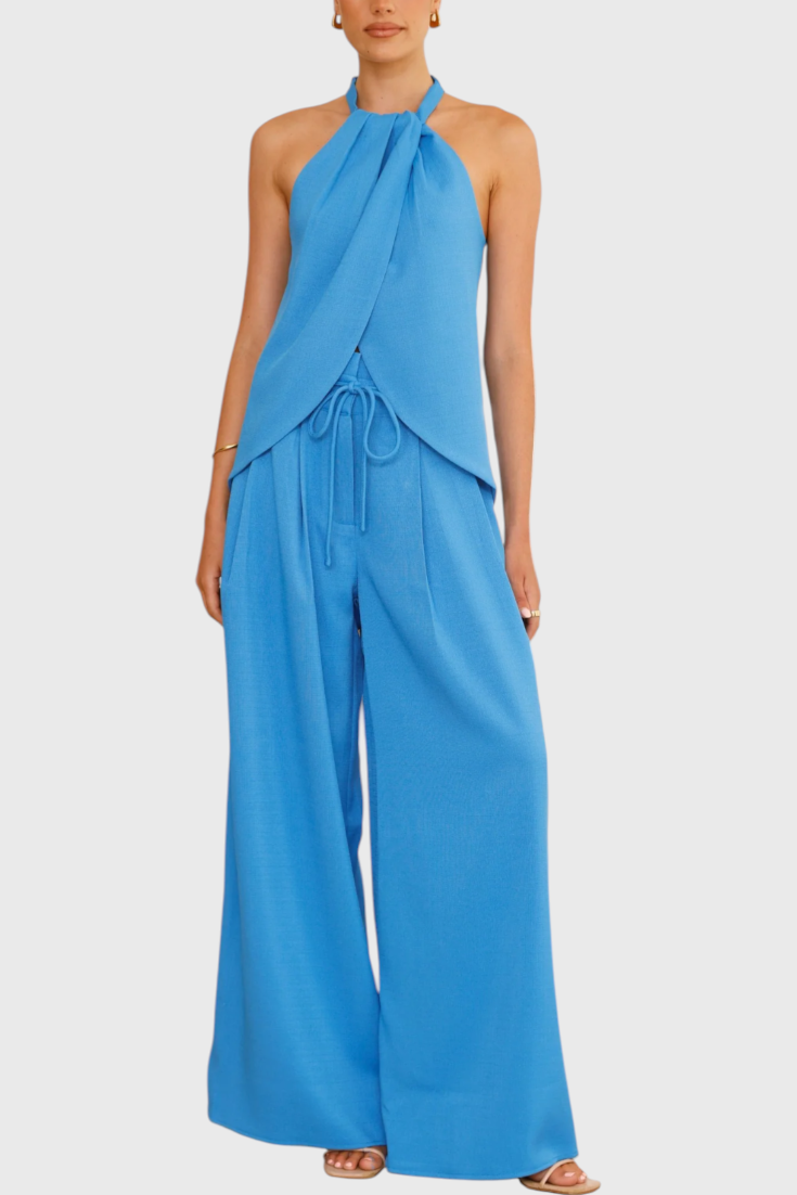Ensemble en Lin Bernadina avec Top à Décolleté Avant et Pantalon à Jambes Amples