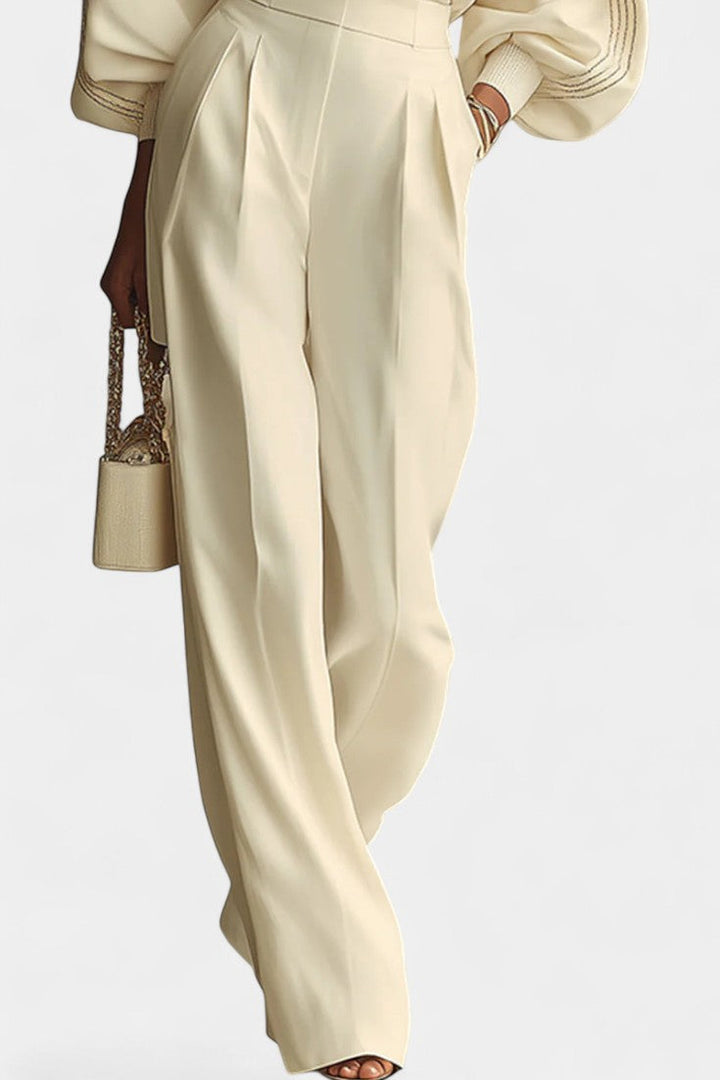 Almeda Ensemble en Coton Romain à Col Roulé et Pantalon Large Taille Haute Ivoire