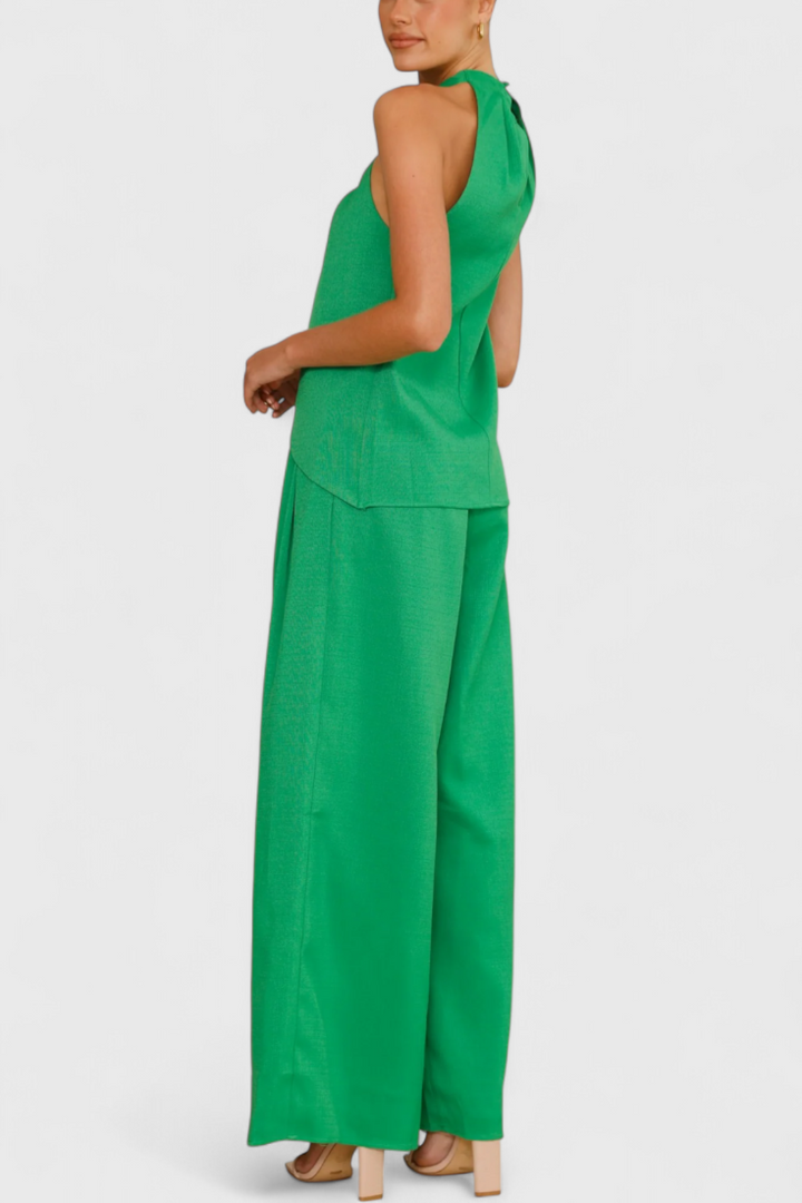 Ensemble en Lin Bernadina avec Top à Décolleté Avant et Pantalon à Jambes Amples