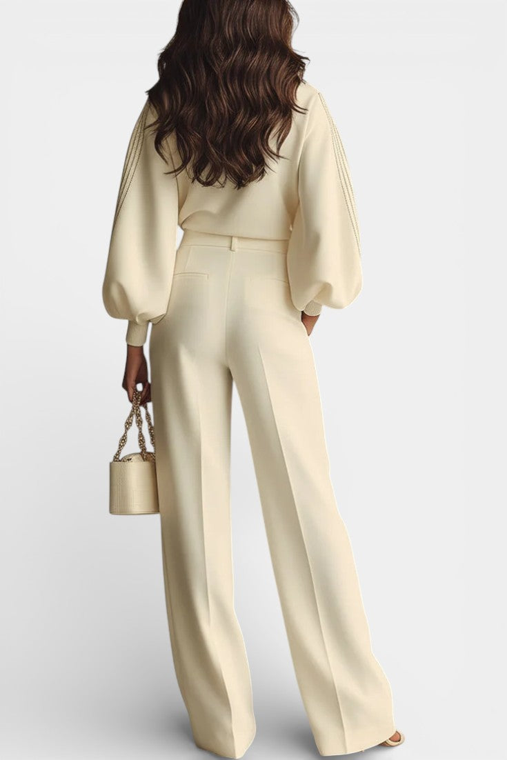 Almeda Ensemble en Coton Romain à Col Roulé et Pantalon Large Taille Haute Ivoire