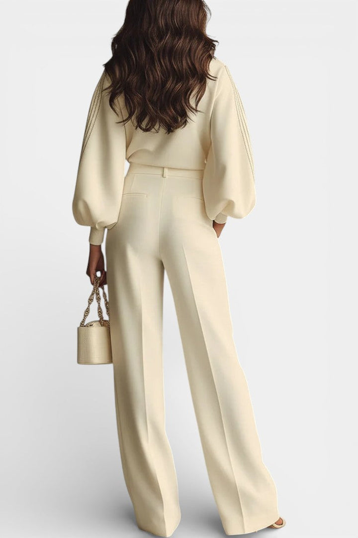 Almeda Ensemble en Coton Romain à Col Roulé et Pantalon Large Taille Haute Ivoire