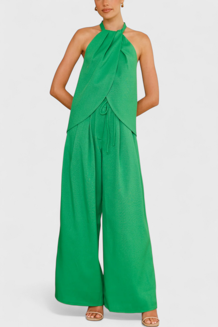 Ensemble en Lin Bernadina avec Top à Décolleté Avant et Pantalon à Jambes Amples