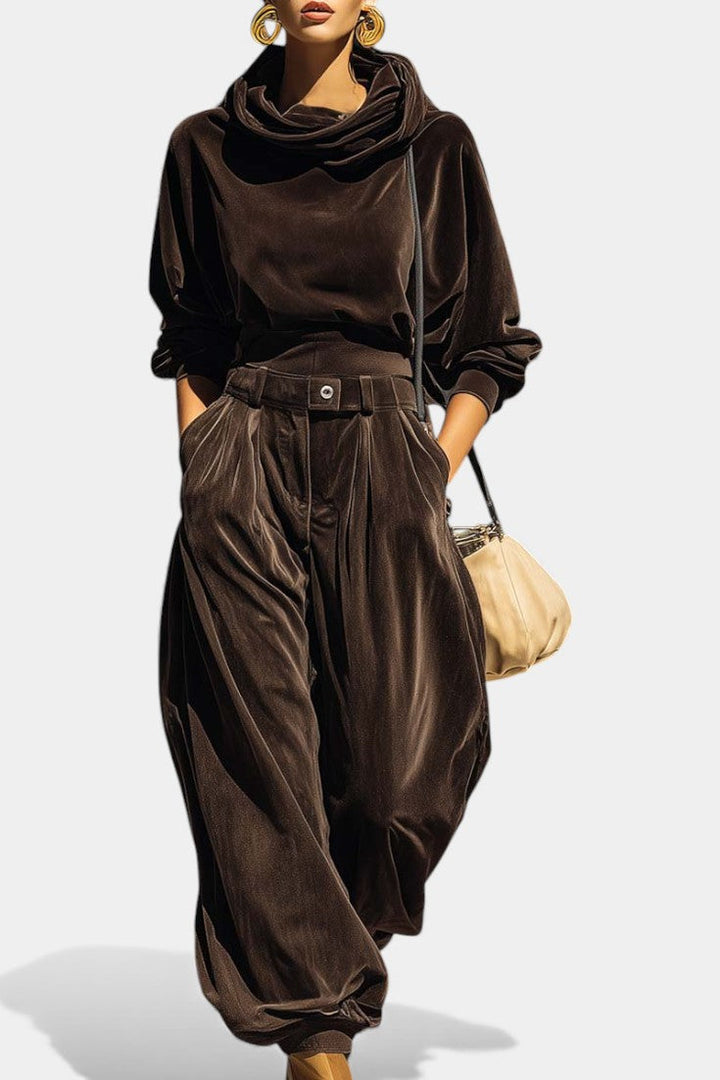 Riana Ensemble à Capuche et Pantalon Ample en Velours Brun Vintage