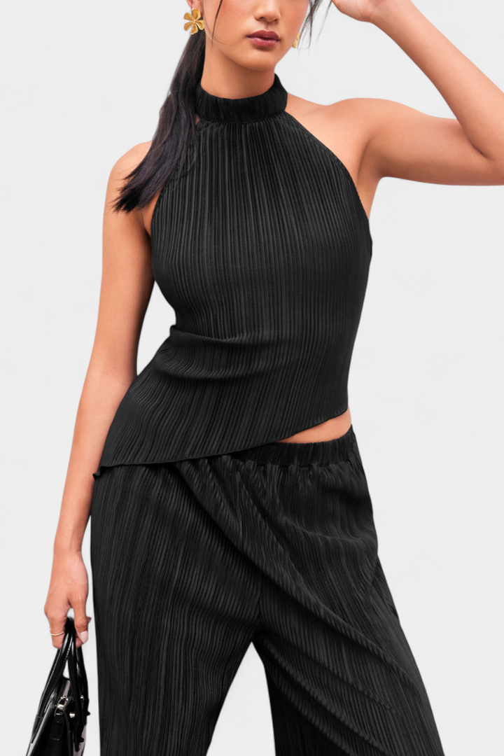 Pilarica Ensemble Top Halter Asymétrique et Pantalon à Jambes Larges