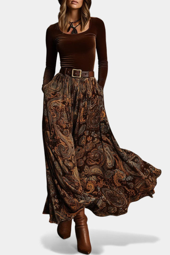 Liliya Ensemble Vintage en Velours Élastique & Jupe Maxi Imprimée Paisley