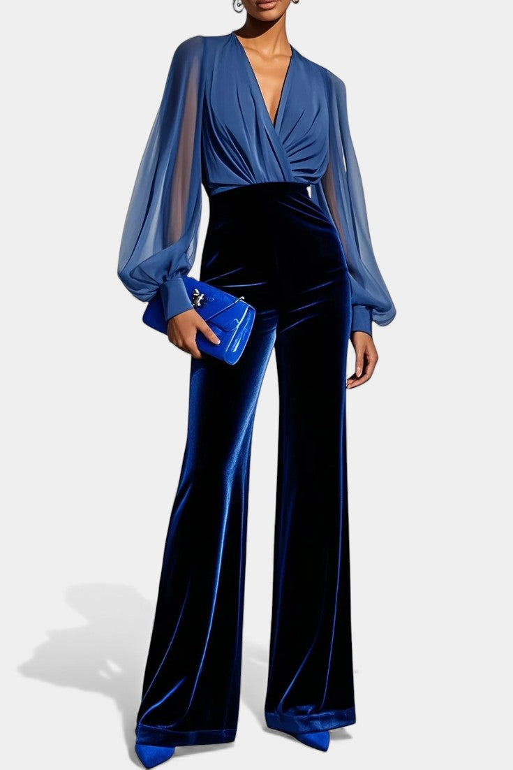 Mikaella Combinaison en Velours Bleu à Col V et Manches Longues