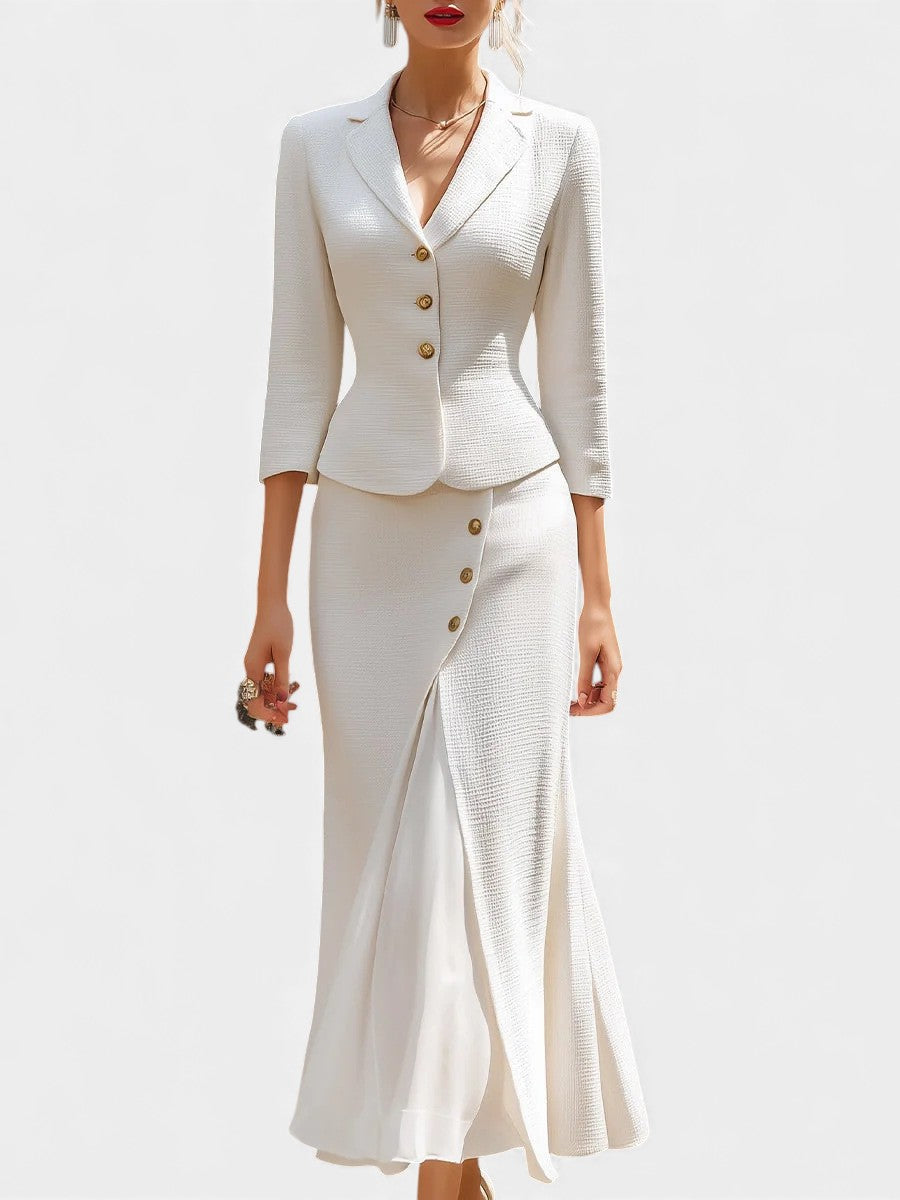 Natalina Ensemble Tailleur Écru Élégant à Jupe Longue Croisée