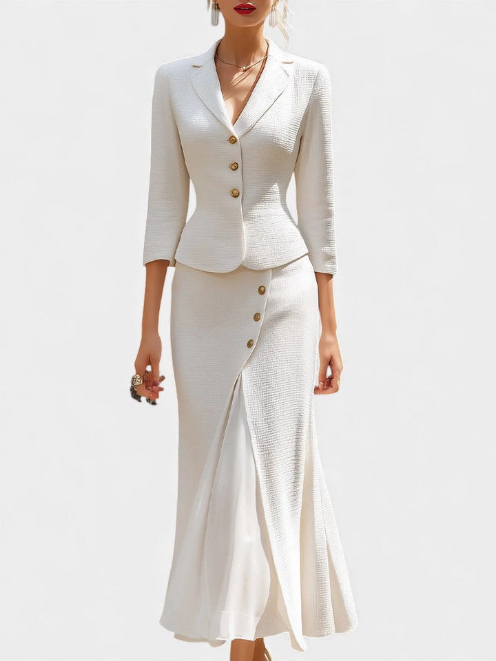 Natalina Ensemble Tailleur Écru Élégant à Jupe Longue Croisée
