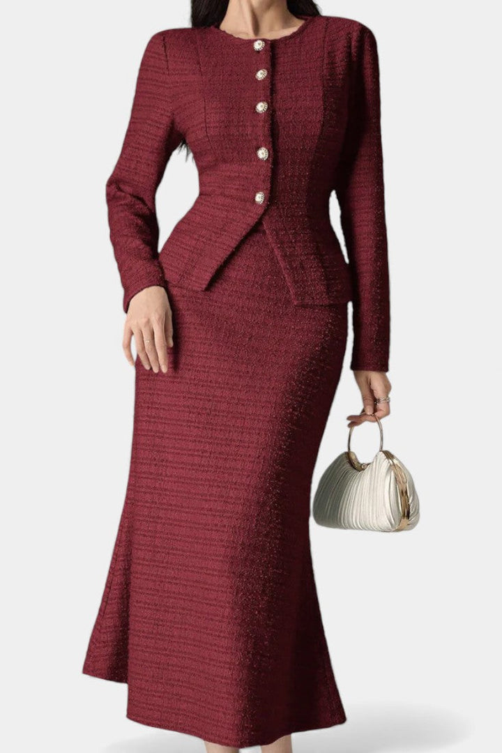 Véronique Ensemble Deux Pièces en Tweed – Blouse Col Rond et Jupe Midi Sirène