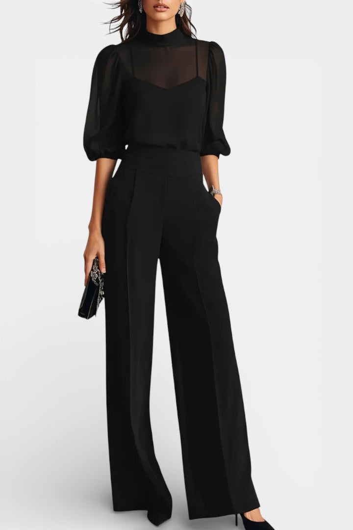 Eunice Ensemble Trois Pièces en Chiffon Noir et Pantalon Large