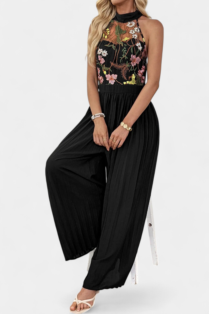 Maruja Combinaison Halter à Dentelle Florale et Pantalon Palazzo Plissé