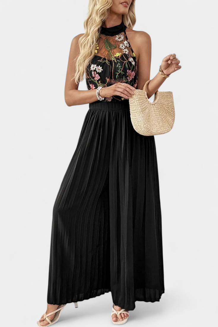 Maruja Combinaison Halter à Dentelle Florale et Pantalon Palazzo Plissé