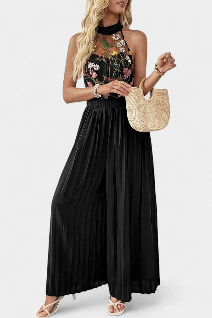 Maruja Combinaison Halter à Dentelle Florale et Pantalon Palazzo Plissé