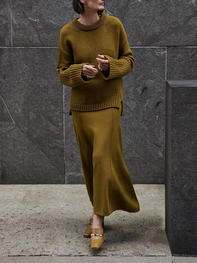 Patricia Ensemble Pull Col Montant et Jupe Maxi à Texture Côtelée