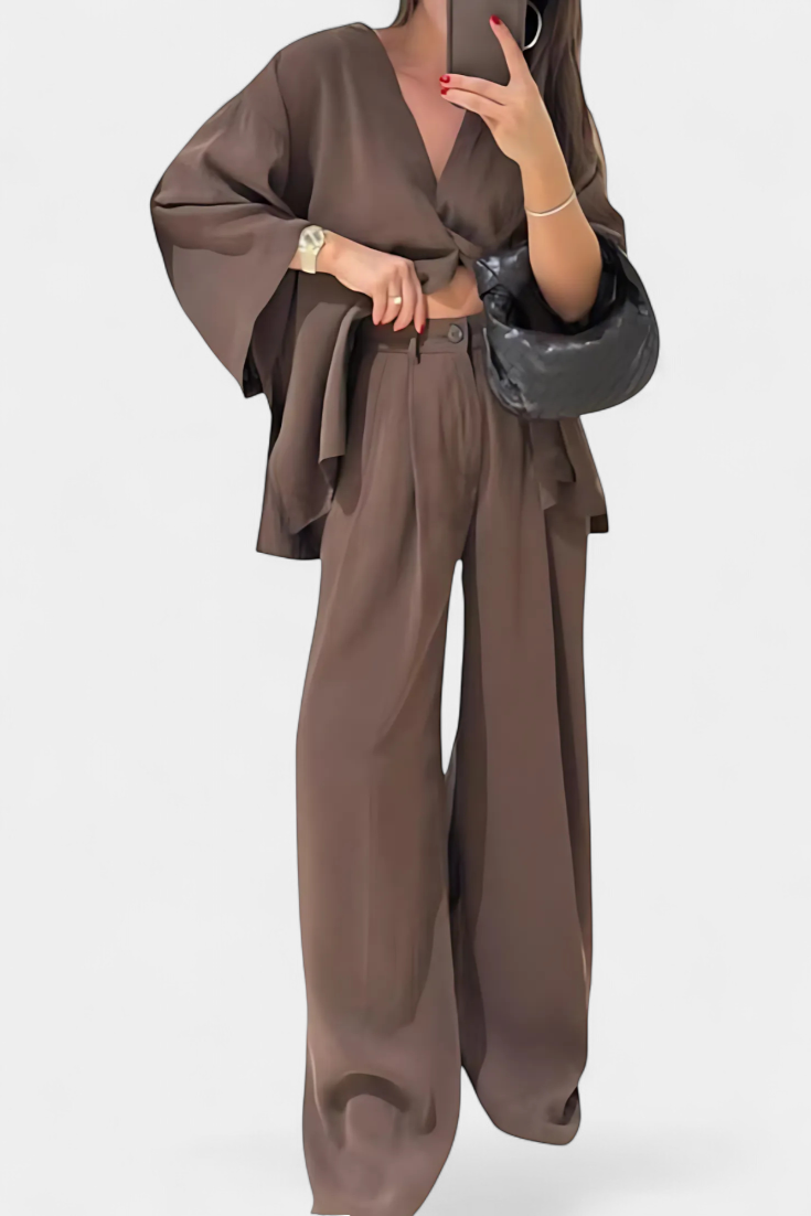 Eli Ensemble Élégant à Col en V et Pantalon Droit