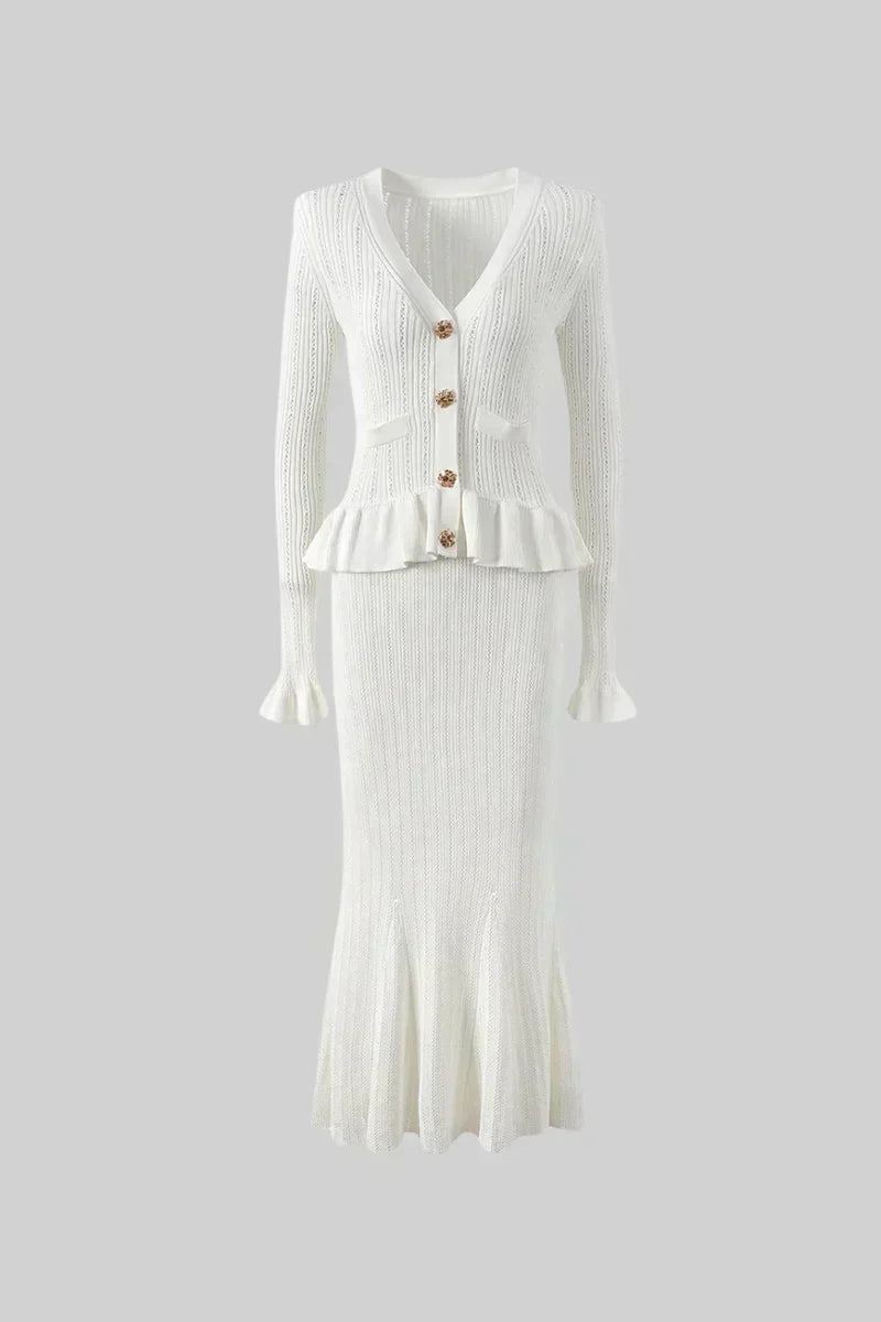Prudence Ensemble en Maille avec Cardigan à Volants et Jupe Mi-Longue Évasée