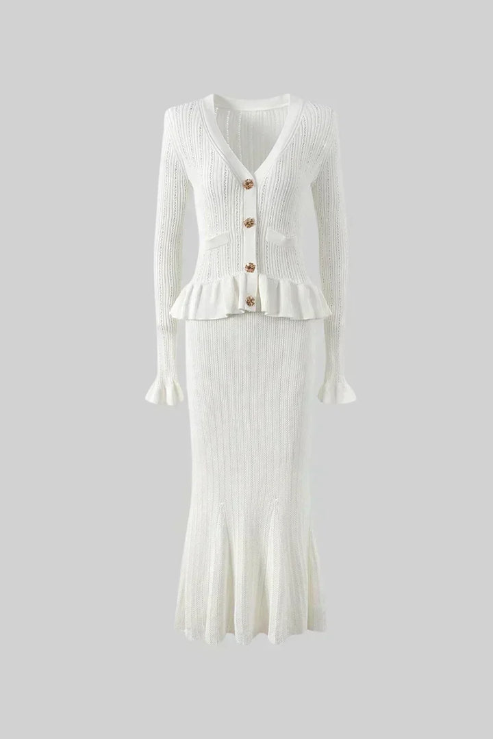 Prudence Ensemble en Maille avec Cardigan à Volants et Jupe Mi-Longue Évasée