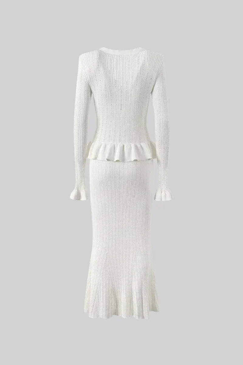 Prudence Ensemble en Maille avec Cardigan à Volants et Jupe Mi-Longue Évasée