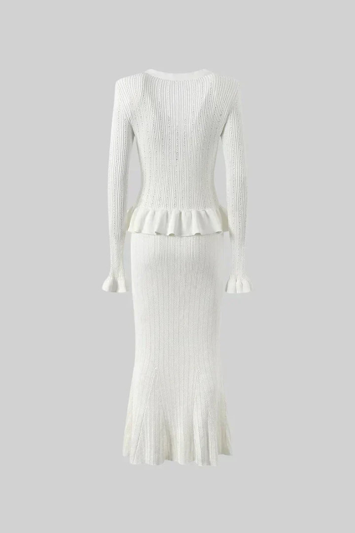 Prudence Ensemble en Maille avec Cardigan à Volants et Jupe Mi-Longue Évasée