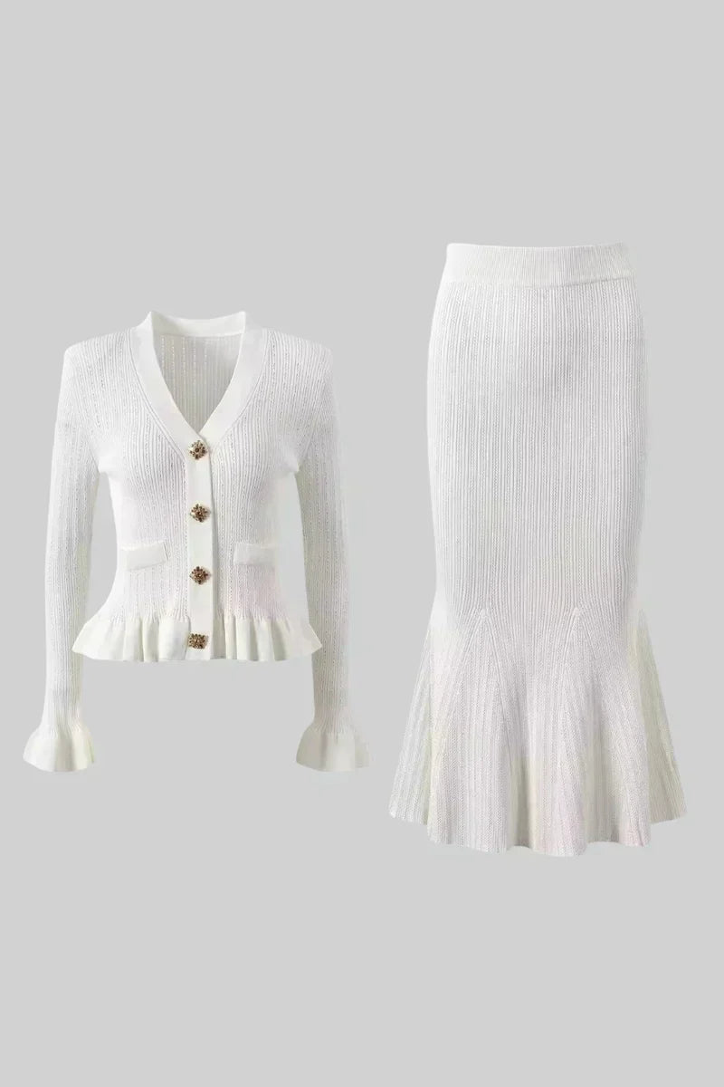 Prudence Ensemble en Maille avec Cardigan à Volants et Jupe Mi-Longue Évasée
